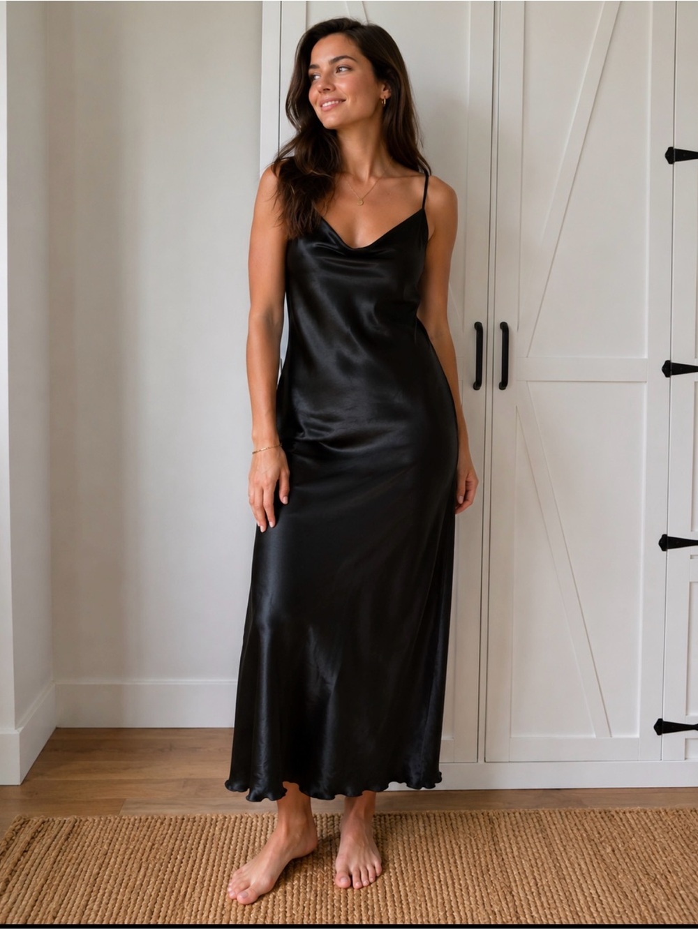 Black Satin Slip Dress with Cowl Neck